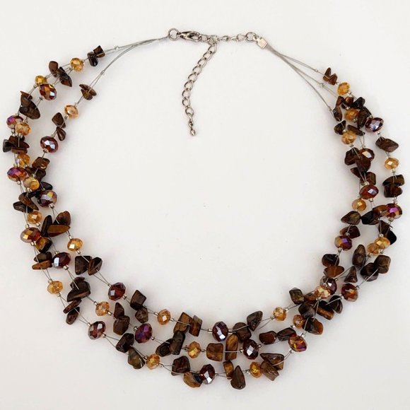 Brown stone & cognac crystal bead necklace on wire - Picture 6 of 7